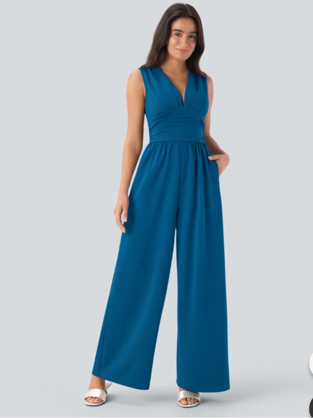 HALARA Teal Sleeveless V-Neck Wide-Leg Jumpsuit with Easy Peezy function
